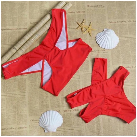 Bandage Off Shoulder Red High Waist Criss Cross Bikini - Picture 4 of 4
